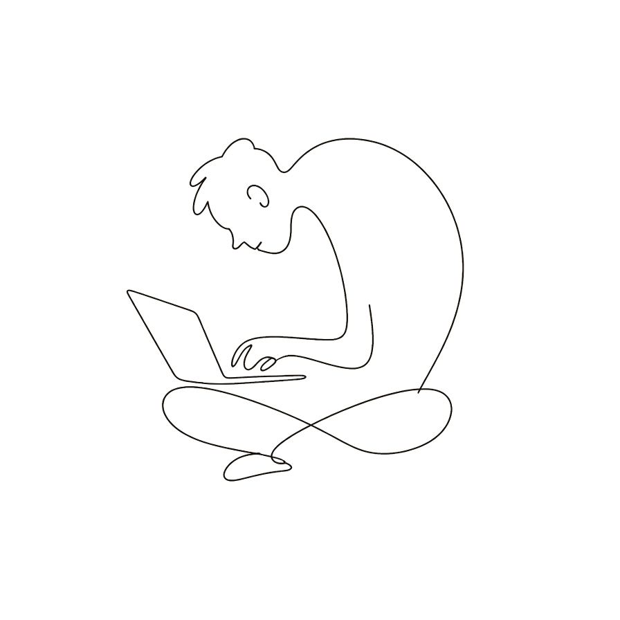 Line drawing of a person sitting cross-legged on the floor, hunched over a laptop
